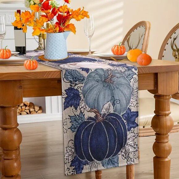 Thanksgiving Fall Linen Table Runner - Pumpkin and Maple Leaf Design -90" x 13" - Picture 5 of 9